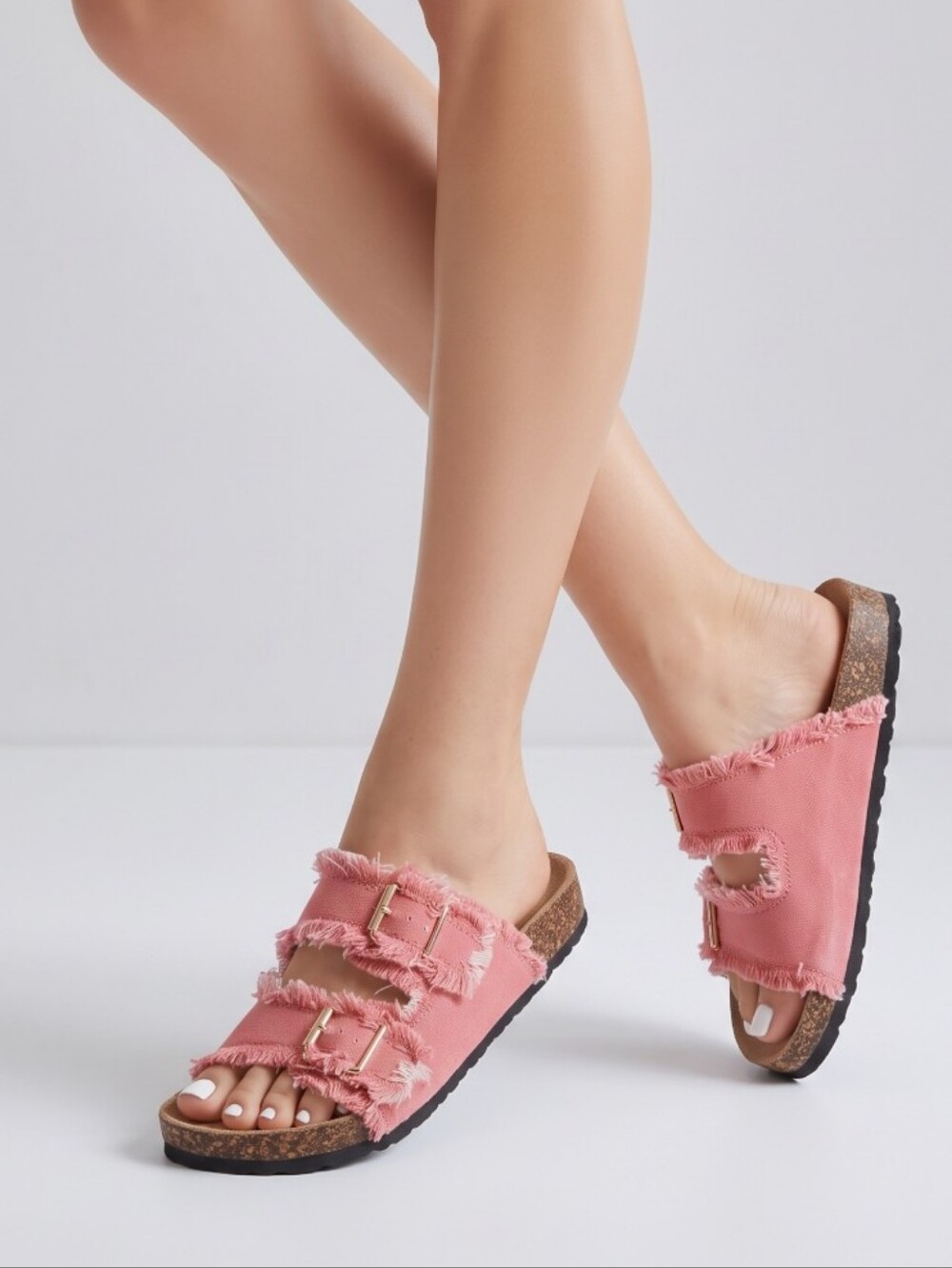 Roxoni Coral Pink Frayed Double-Buckle Slide Sandals Womens Size 7